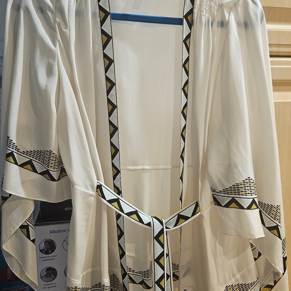 BCBG Paris Cream Kimono Top with Black and Yellow Accents